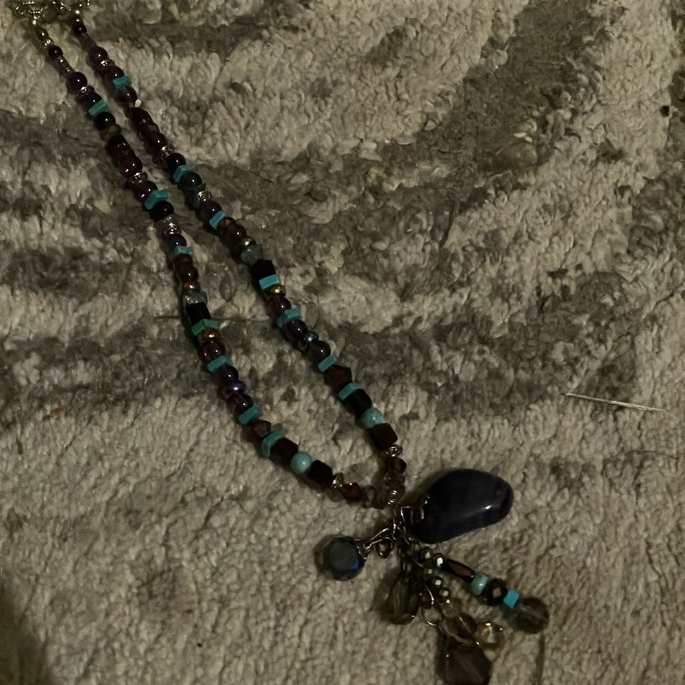 Blue and Brown Bohemian Necklace with Long Strands and Pendant